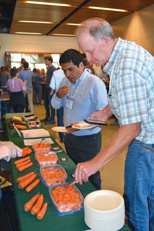 Carlos Caceres and Mark Overduin participate in a carrot taste test.